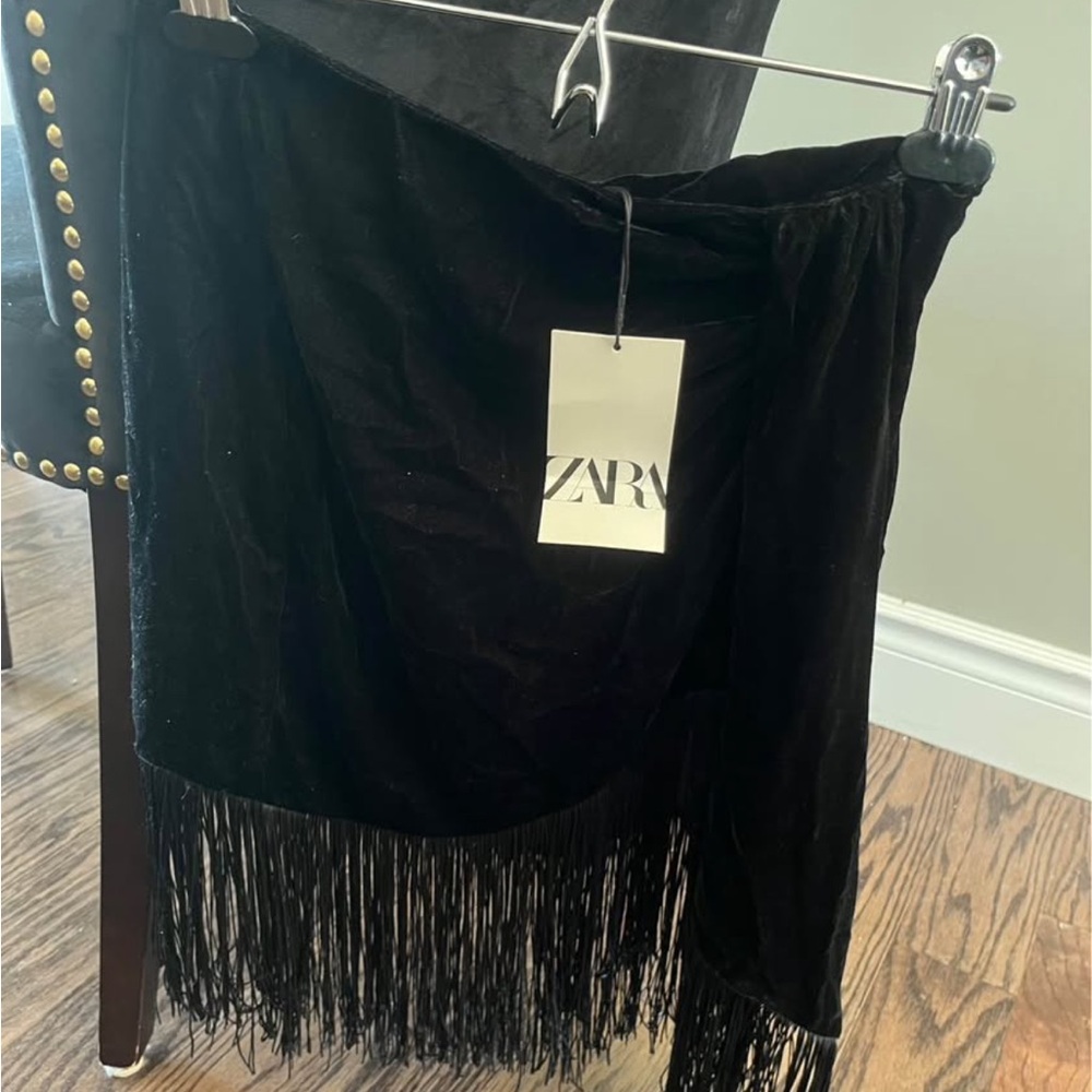ZARA Black Velvet Mini Skirt with Fringe Hem